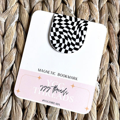 Black Wavy Groovy Checkered Magnetic Bookmark